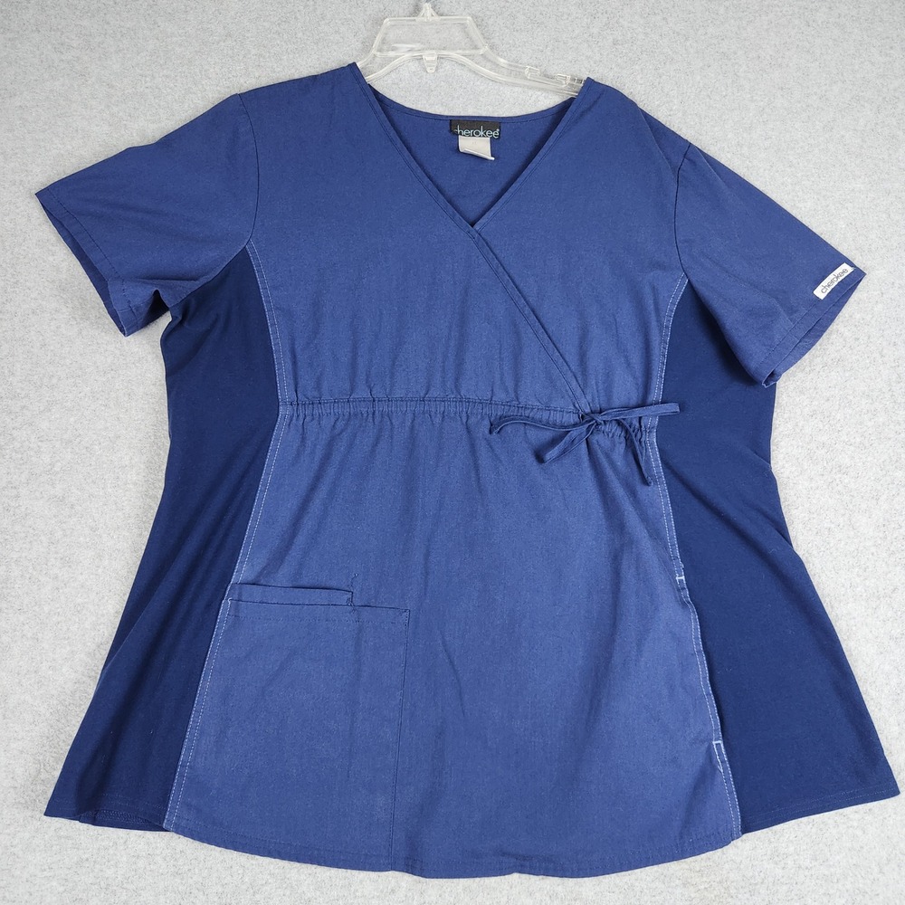 Cherokee Scrub Top Womens XL Blue Mock Wrap Empire Tie Side Panels Short Sleeve